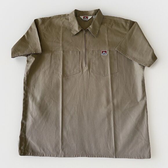 BEN DAVIS Half Zip Shirt Collard Short Sleeve Khaki Pockets Logo Size 2XL - Picture 1 of 9
